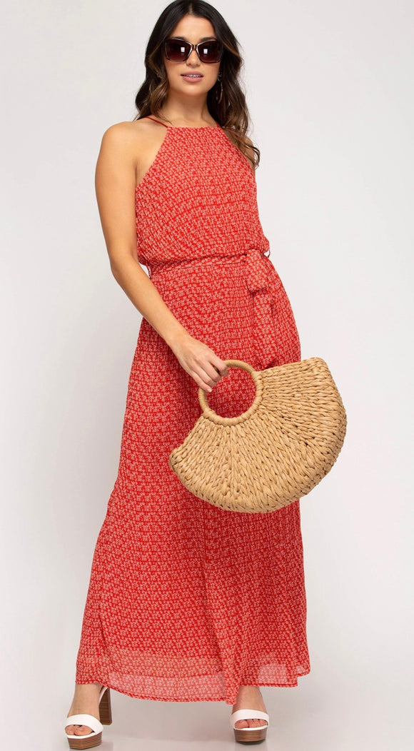 Sleeveless Woven Print Maxi Dress - RED