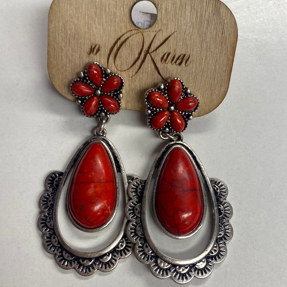 Red Western Flower Drop Earrings